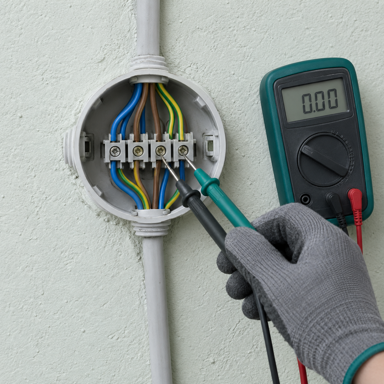 Otwarta puszka elektryczna z przewodami i miernik przyłożony do zacisków